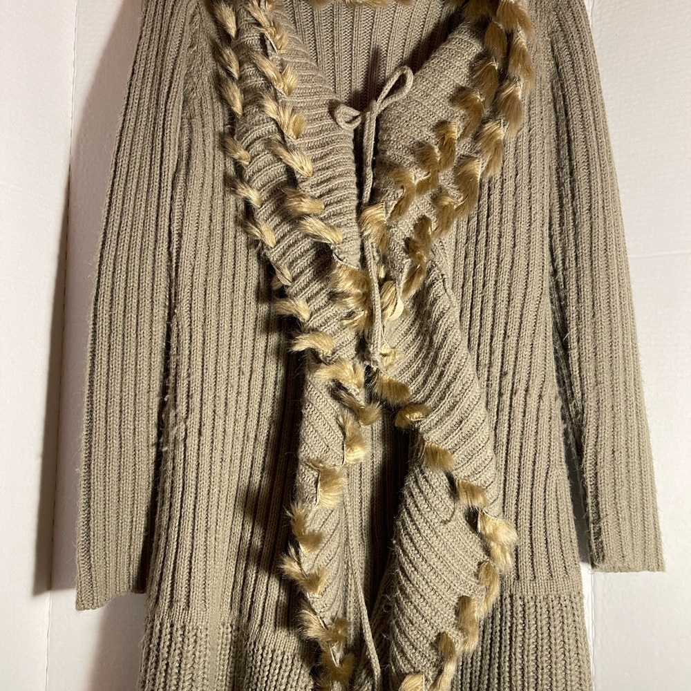 Lapis Tan Cardigan with Faux Fur Trim